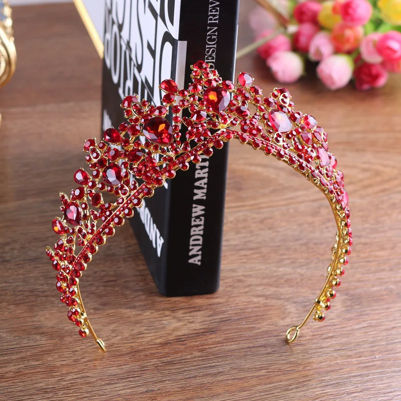 Luxury Gold Color Red Rhinestone Bridal Tiaras Crown Vintage Baroque Crystal Diadem For Bride Headbands Wedding Hair Accessories