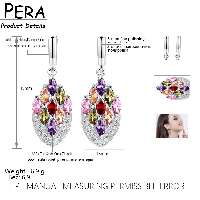 Pera Fashion Women Prom Party Costume Jewelry Big Marquise Shape Drop Purple Cubic Zirconia Long Hoop Earrings for Women E095