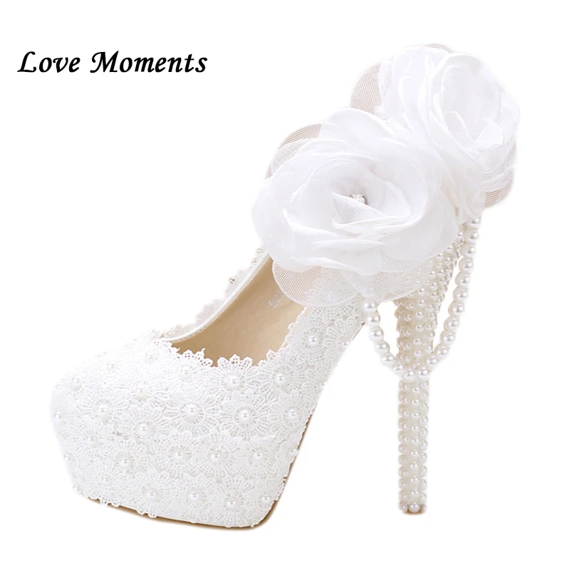 

New sweet white lace flower wedding shoes high heel women party shoes performance platform shoes bridal pumps Ladies shoes