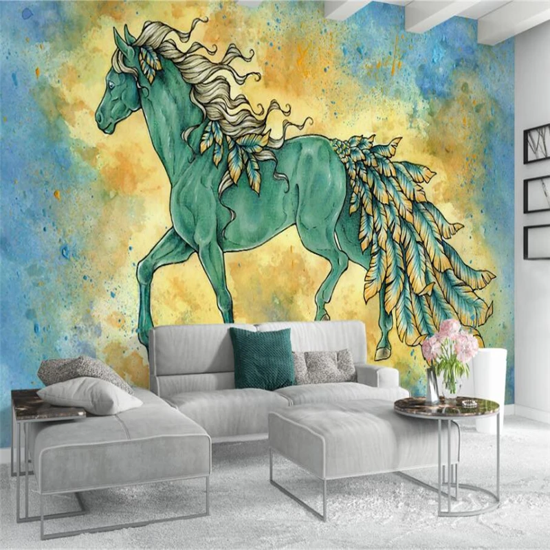 

wellyu European creative hand-painted horse feather background wall painting custom large mural green wallpaper