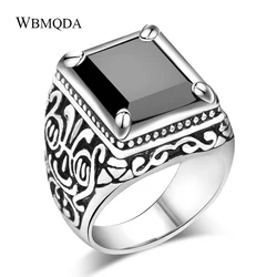 Ethnic Tibetan Silver Jewelry Vintage Textured Signet Ring Punk Rock Square Black Stone Ring For Men Accessories Gift