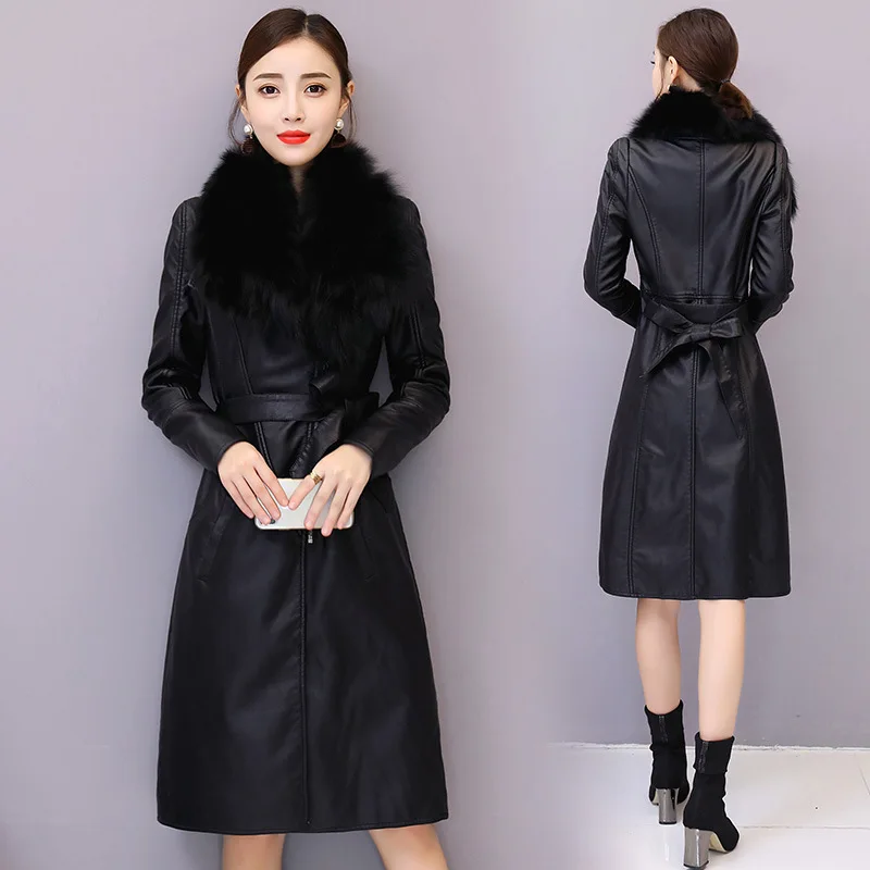 Winter Women Elegant Slim Long PU Leather Jacket Female Warm Artifical Fur Collar Manteau Femme Hiver Chaqueta Cuero Mujer Coat