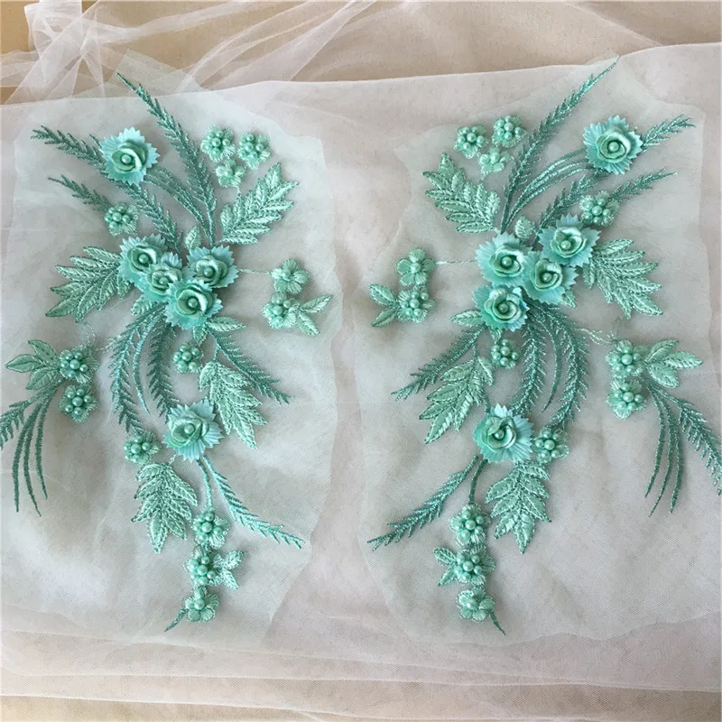 Pretty Mint Green Pearl Beaded 3D Flower Embroidered Lace Applique For Wedding Dress Costumes 2PC