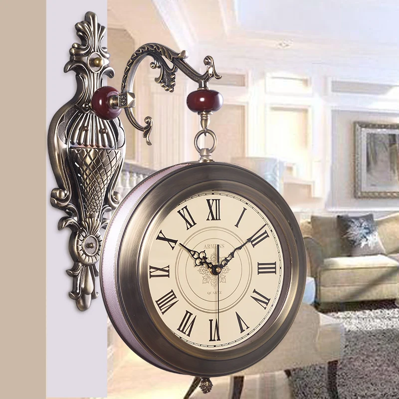 Creative Metallic Double Wall Clock Living Room Mute Clock Creative Home Decorations American Clock Nostalgic Quartz Pendulum