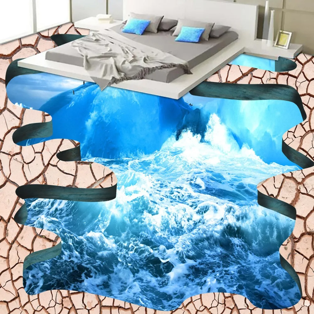 Custom Floor Wallpaper 3D Stereoscopic Ocean Crack Bathroom Floor Sticker Mural 3D PVC Self-adhesive Floor Wallpaper Murals 3D