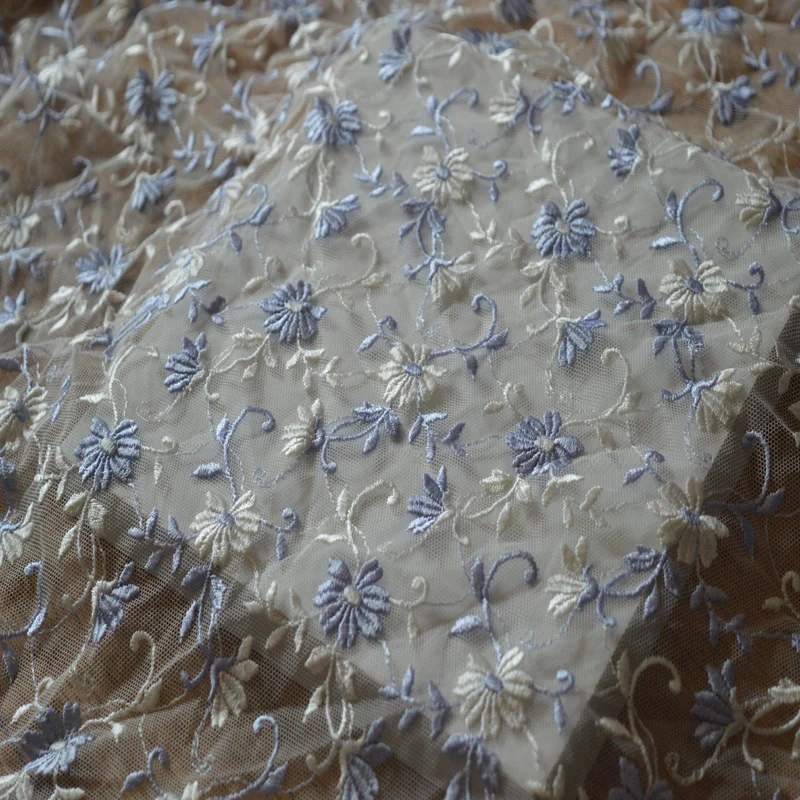 1Yard 1.2Meters Wide Transparent Gauze Blue White Mixed Flower Lace Fabric For Garments Dress Scarf Underwear Somelace