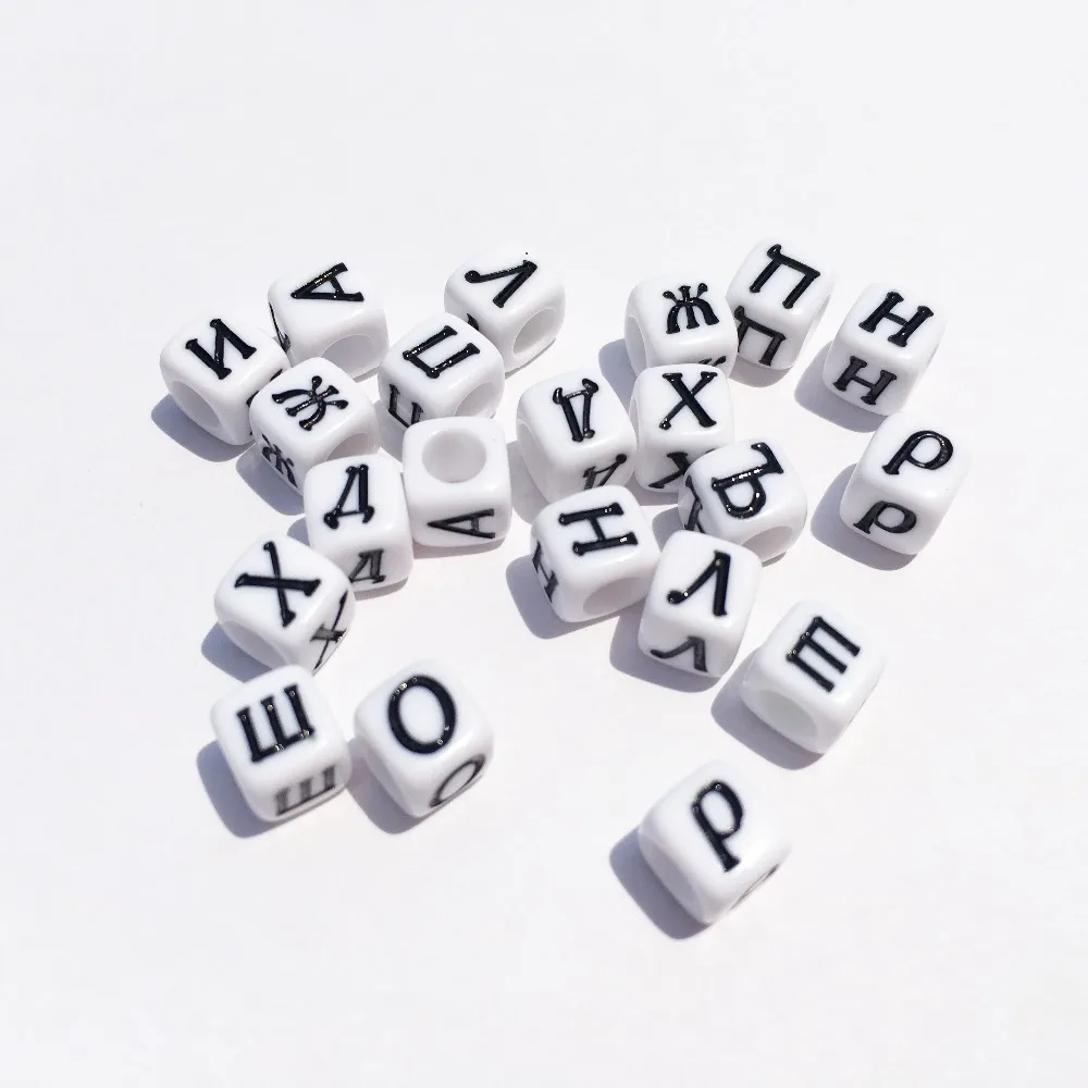 Cube Acrylic Russian Letters Beads 6*6MM Square White with Black Alphabet Printing Jewelry Big Hole Spacer Beads 3000pcs