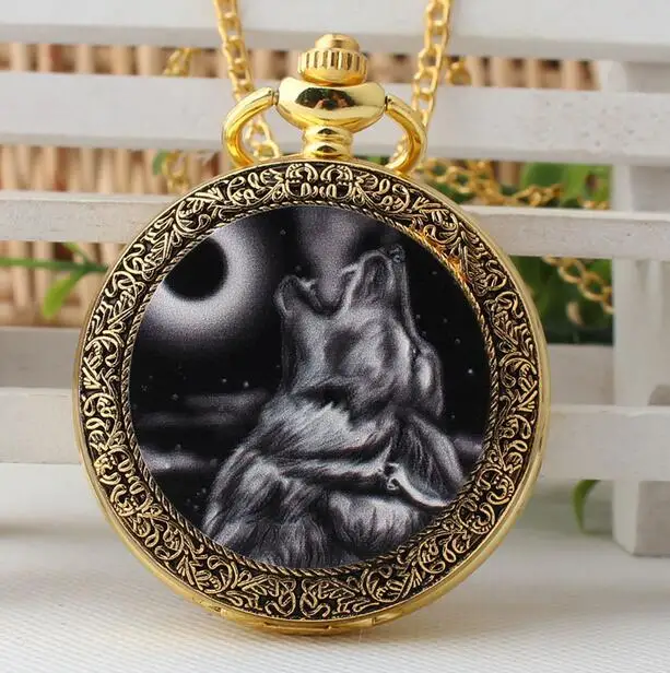 Vintage Gold antique Wolf enamel pattern quartz steampunk Good quality Necklace pocket watches gift