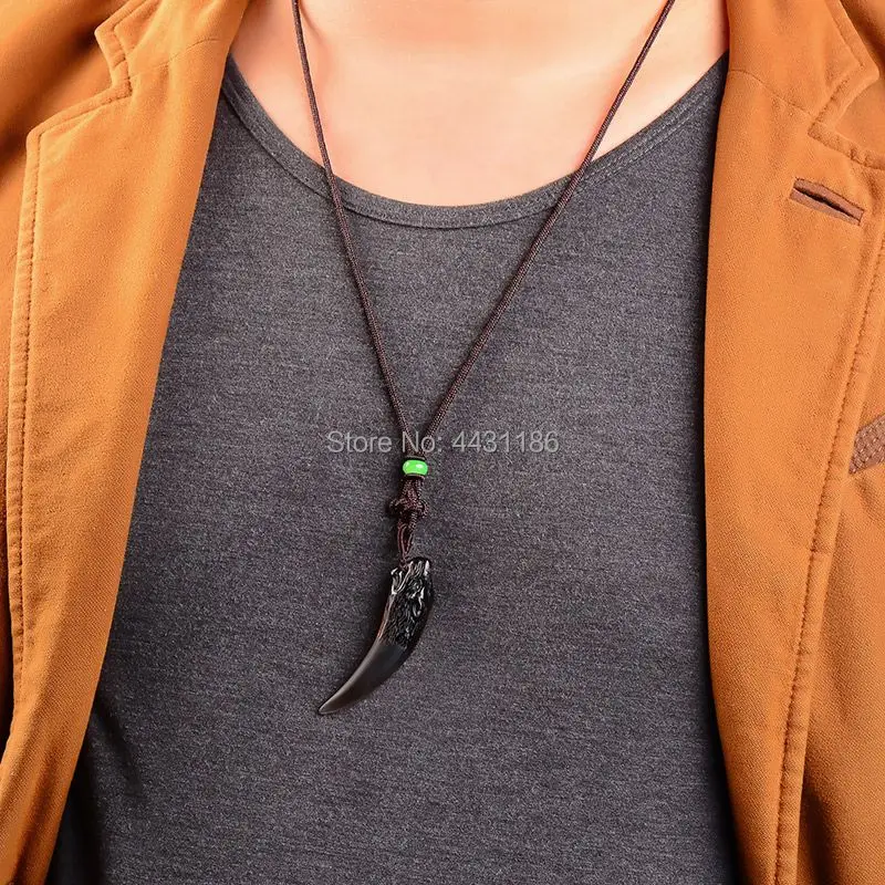 Hand-Carving Natural Obsidian Wolf Tooth Pendant Amulet Men and Women Talisman Ornament *Free Box And Necklace