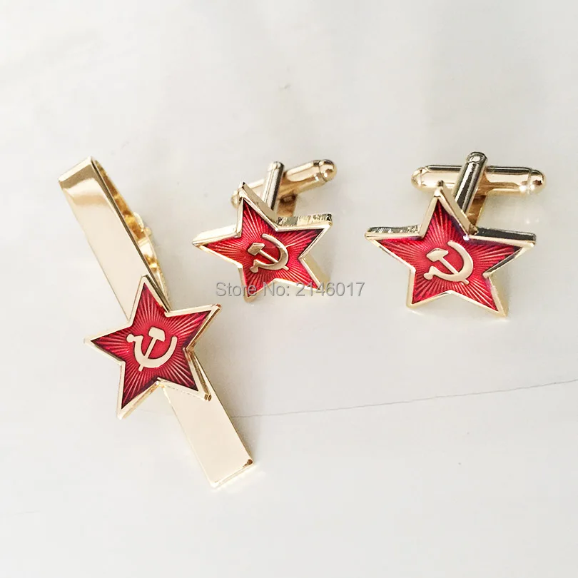 Communism Soviet Union Ussr Cufflinks Cold War Souvenir Russia Red Star Hammer Sickle Logo Cuff link and Tie Clip Sets