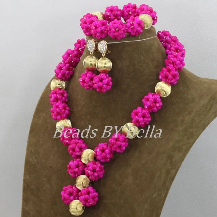 Hot Opaque Fuchsia Crystal Beads Balls Necklace Nigerian Wedding African Beads Bridal Jewelry Sets  ABF452