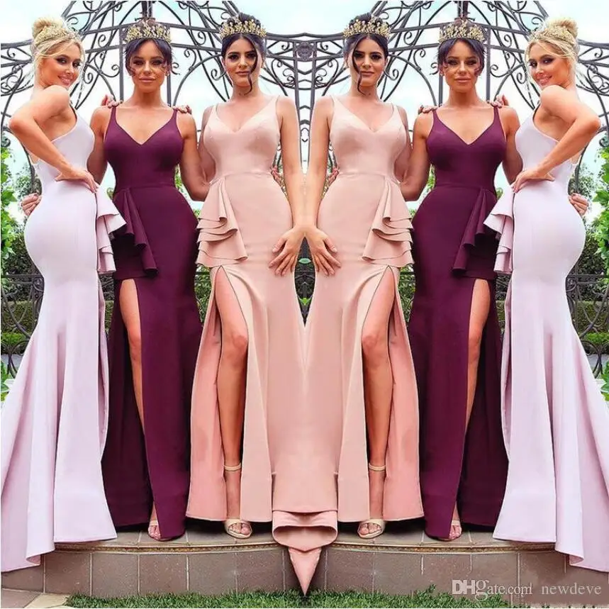 

2019 New Burgundy Bridesmaid Dresses Sexy High Slit Spaghetti Junior Maid of Honor Beach Mermaid Wedding Party Gowns