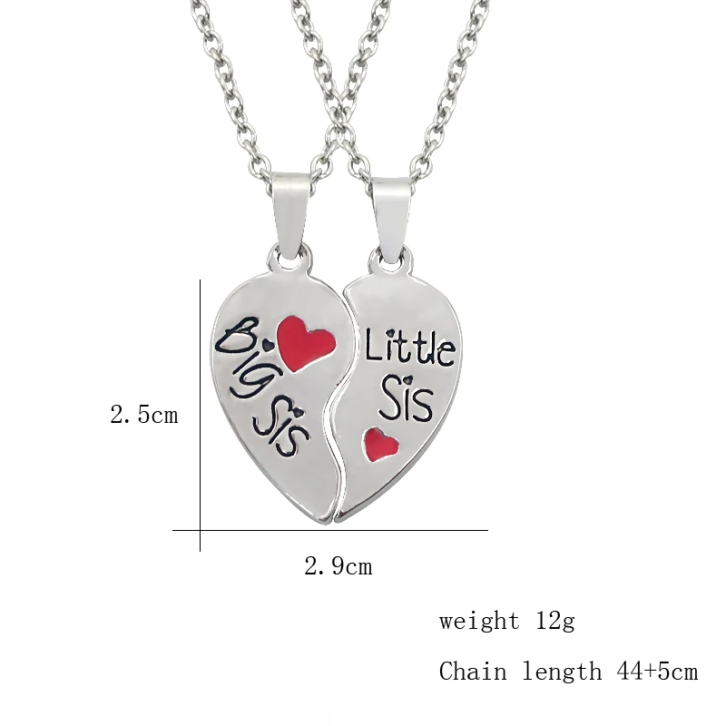 2 PC/Set  Big Sis Lil Sis Big Sister Little Sister Alloy Pendant Necklaces Red Heart Stitching Good Sisters Necklace For Women image 6