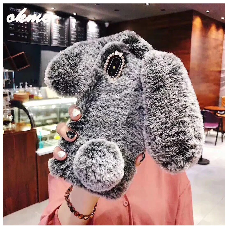 Okme Plush Warm Phone Case for iPhone XS Max XR X Case 3D Rabbit Ears Furry fluffy Fur Cover for iPhone 6 6S 7 8 Plus Cases