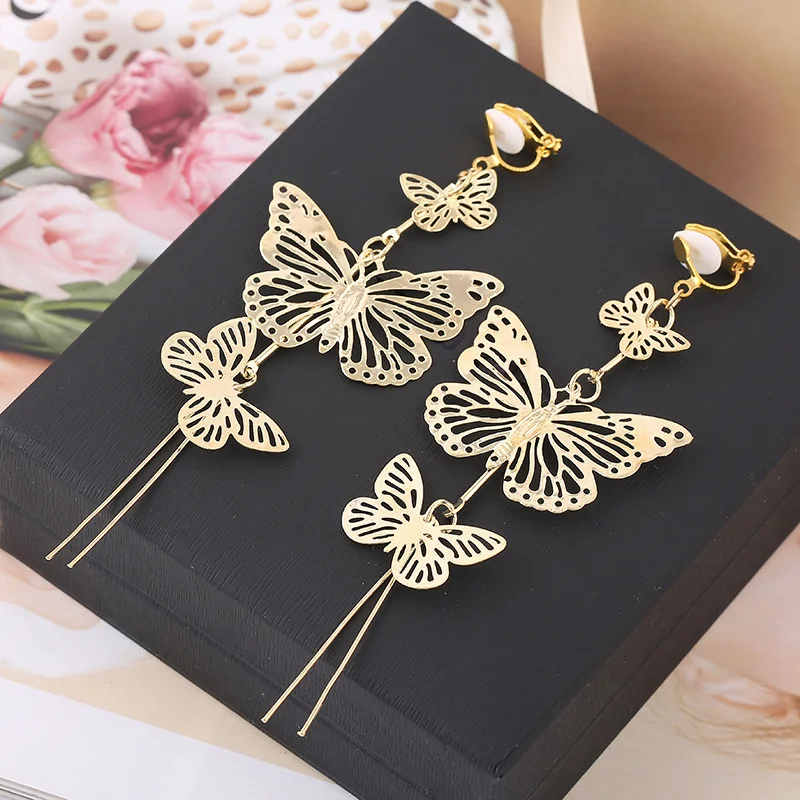 Grace Jun New Design 3 Butterfly Shape Tassel Clip on Earrings Wihtout Piercing for Women Fashion Luxury Big Statement Earrings