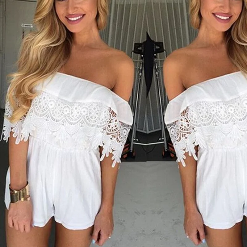 Women Summer Lace Playsuit Casual Beach Off-shoulder Short Mini Jumpsuit Rompers