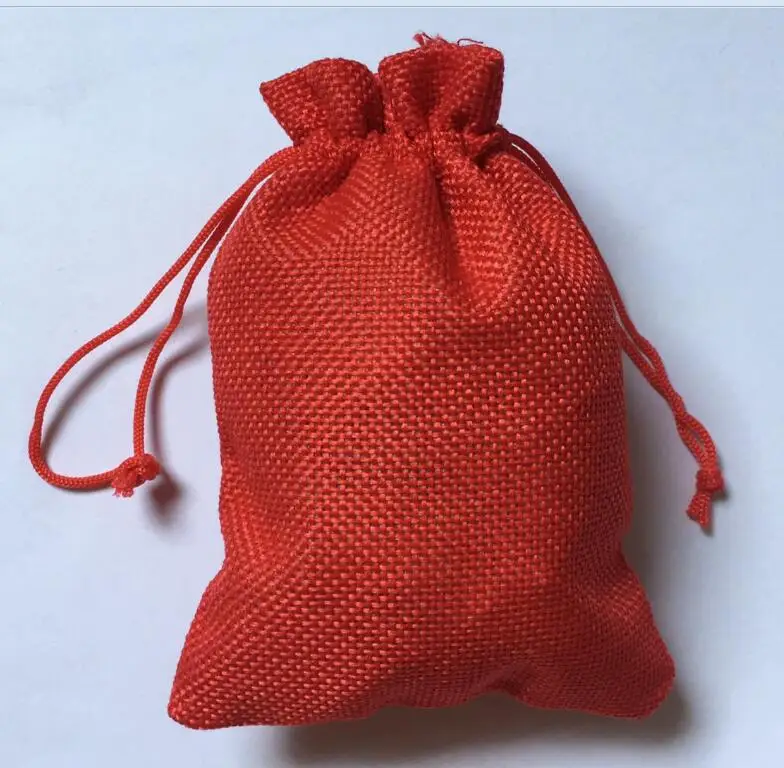 

7x9cm Red Linen Jute Bags 50pcs/Lot Small Flax Jute Bags Jewelry Gift Pouch Can Custom Logo Printing Drawstring Packaging Bag