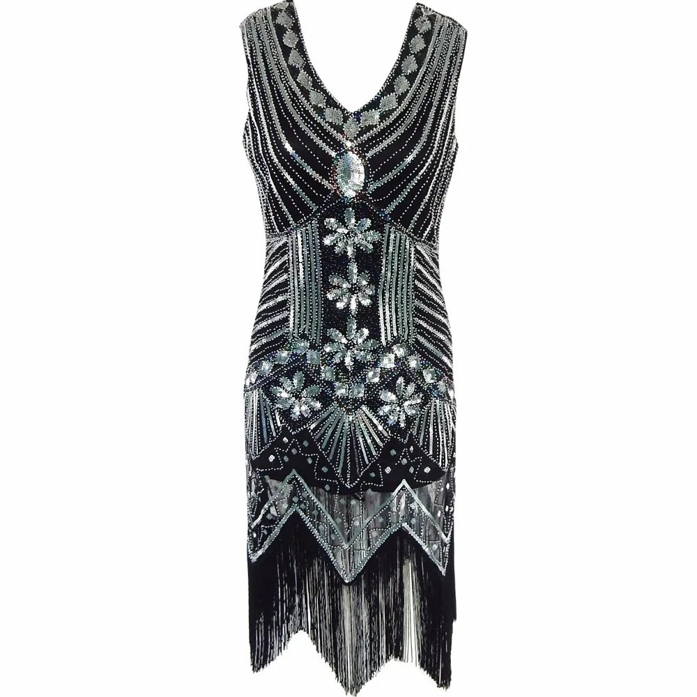 Great Gatsby Dress Women Sequined Dress V Neck Beaded Sequined Art Deco Flapper Dress 1920s Vintage Party Dresses Sexy Club image 6