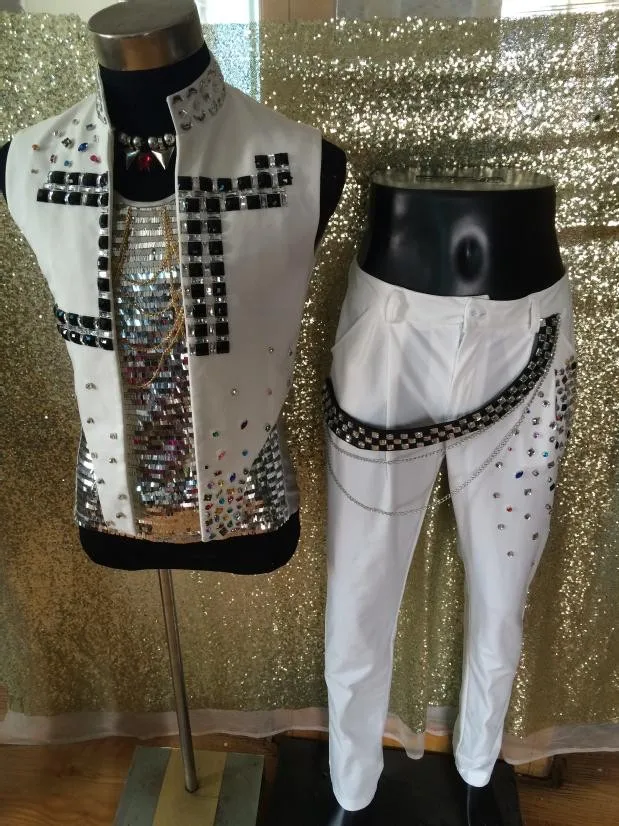 Men's fashion white jacket male singer stylish rhinestones vest dancer nightclub bar concert dancing jacket outerwear