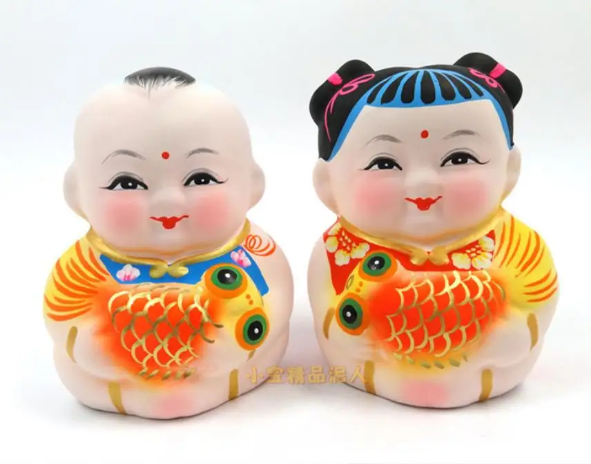 1 Pair Clay Figurines Goldfish Ornament Fu Dolls Boy Girl Auspicious A FU Handmade Craft Wuxi Huishan Specialty