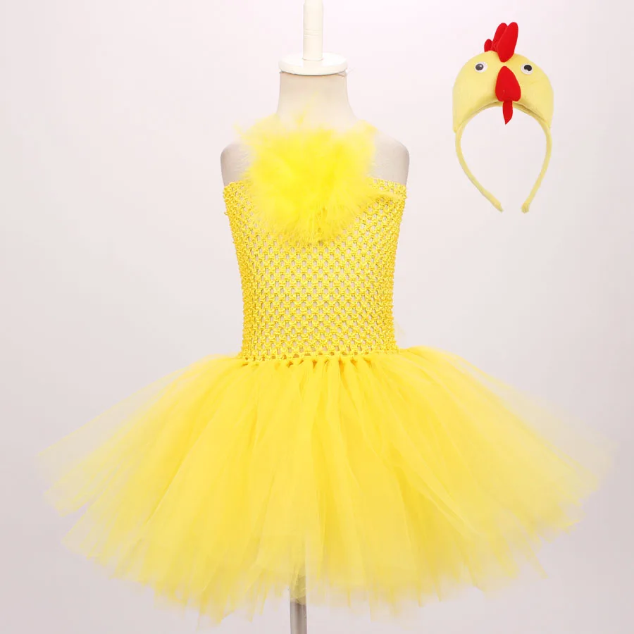 Yellow Chicken Girls Tutu Dress with Headband Animal Baby Girls Birthday Party Dress Up Halloween Children Cosplay Costume