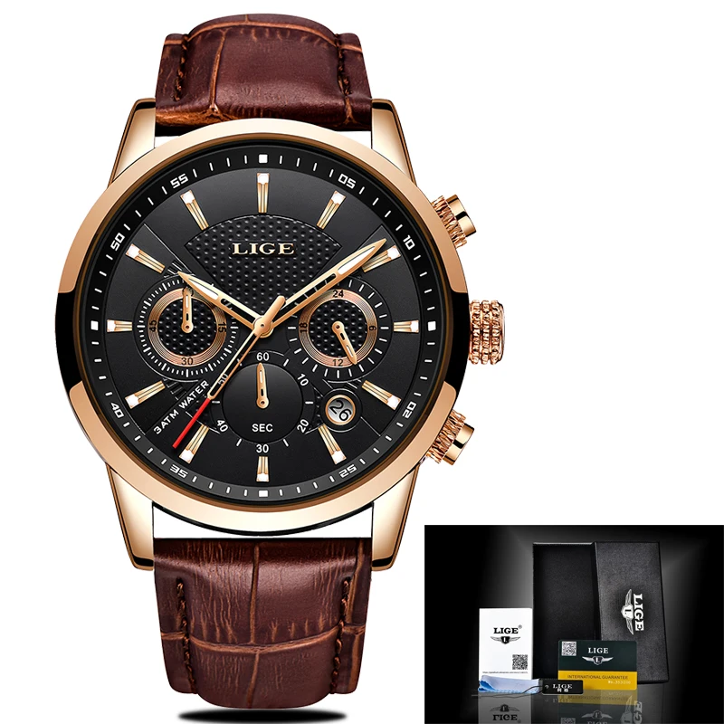 LIGE Mens Watches Top Brand Luxury Leather Casual Quartz Watch Men Military Sport Waterproof Clock Gold Watch Relogio Masculino