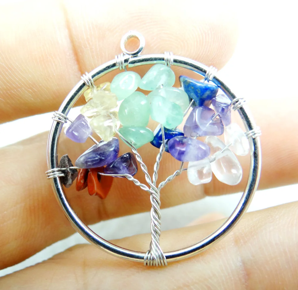 30mm Natural Gem Stone Quartz Crystal 7 Chakras Tiger Eye Tree of Life Pendant For Diy Jewelry Making Necklace Accessories 10pcs