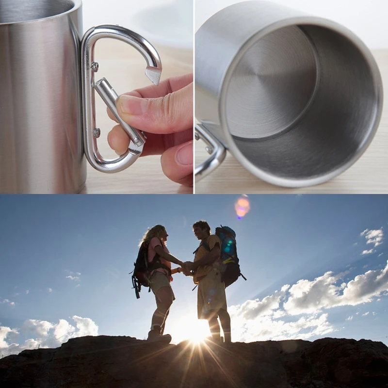 220ml Camping Travel Stainless Steel Cup Carabiner Hook Handle Picnic Water Mug Outdoor Travel Hike Cup