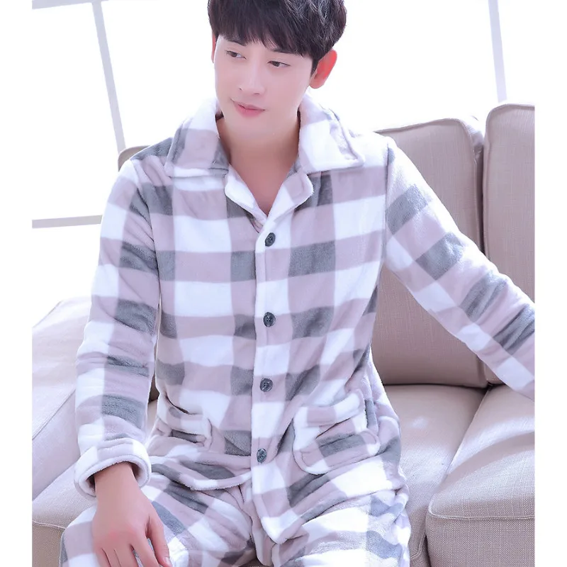 Adult Fleece Pajamas Long Sleeve Men\'s Thickened Flannel Homewear Coral Fleece Nightwear Male Velvet Casual Nightgown D2063