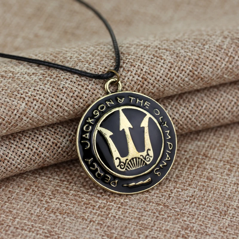 dongsheng Fashion Movie Jewelry Percy Jackson and the Olympians Trident Pendant Necklace Leather Rope Chain Round Metal Necklace