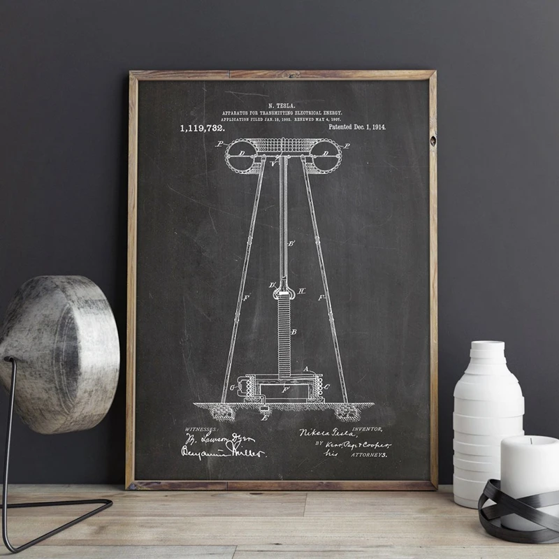 For Tesla Energy Transmitter Patent Artwork Prints Nikola Tesla Wall Art Posters Canvas Painting Room Decor Blueprint Gift idea