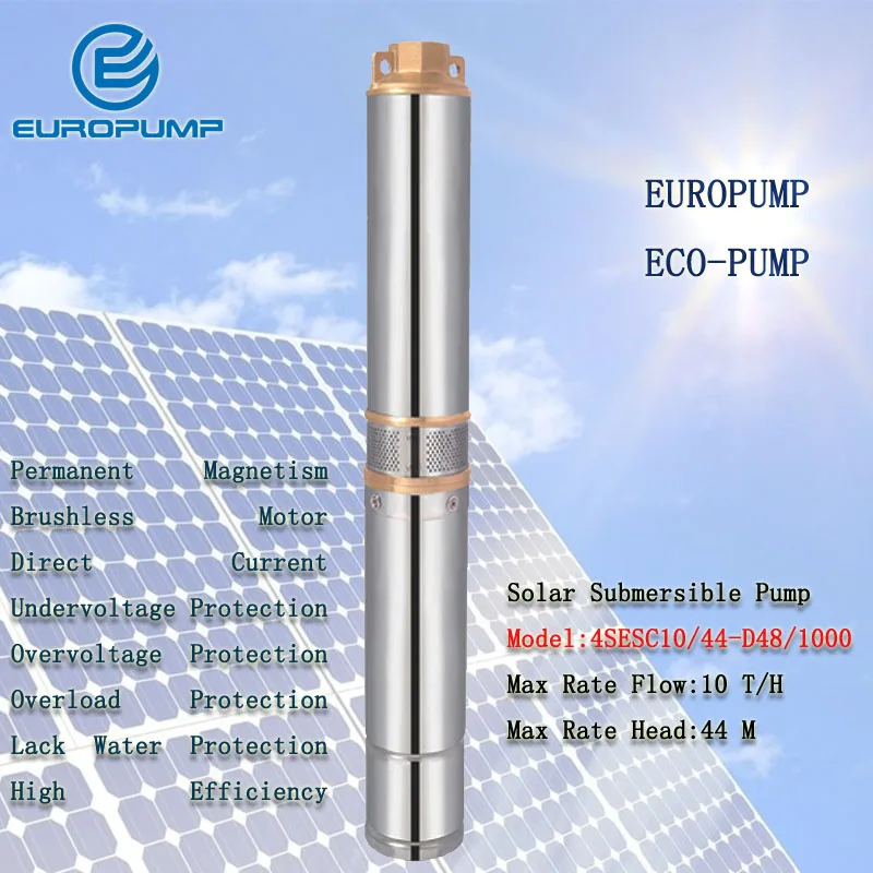 

EUROPUMP MODEL(4SESC10/44-D48/1000) DC 48v solar submersible pump, small size stainless steel 304 water pump with internal MPPT