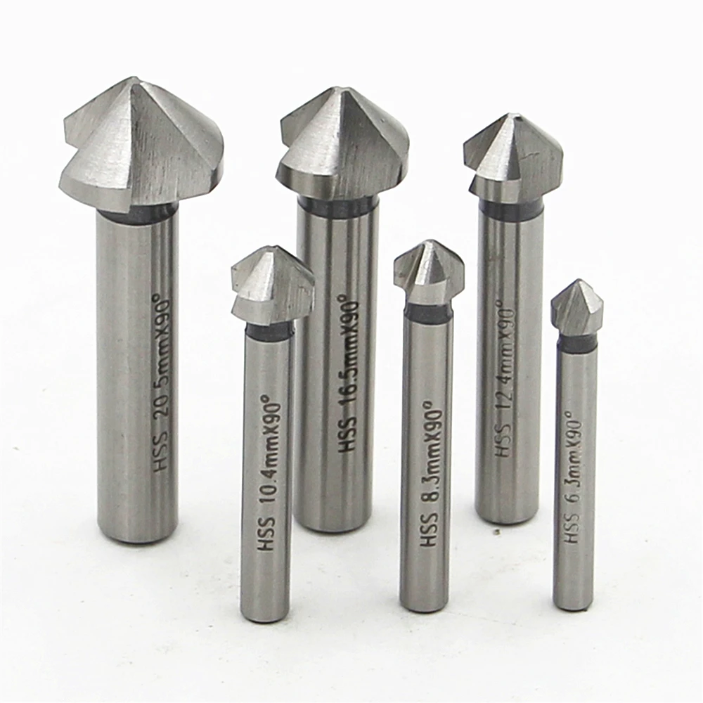 Round Shank 6pcs/Set 3 Flute HSS Hard Metals Natural Color Three Edge Chamfer Chamfering End Mill Cutter Countersink Drill Bit