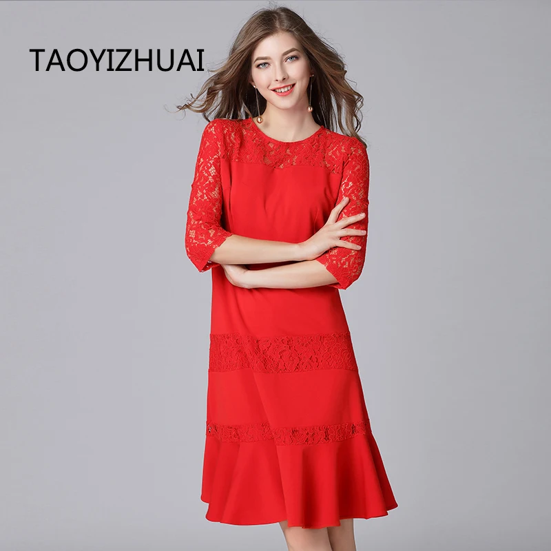 

TAOYIZHUAI 2019 New Arrival Spring Casual Style O-Neck Mermaid Stretch Plus Size Red Hollow Out Spliced Women lace Dress 16028