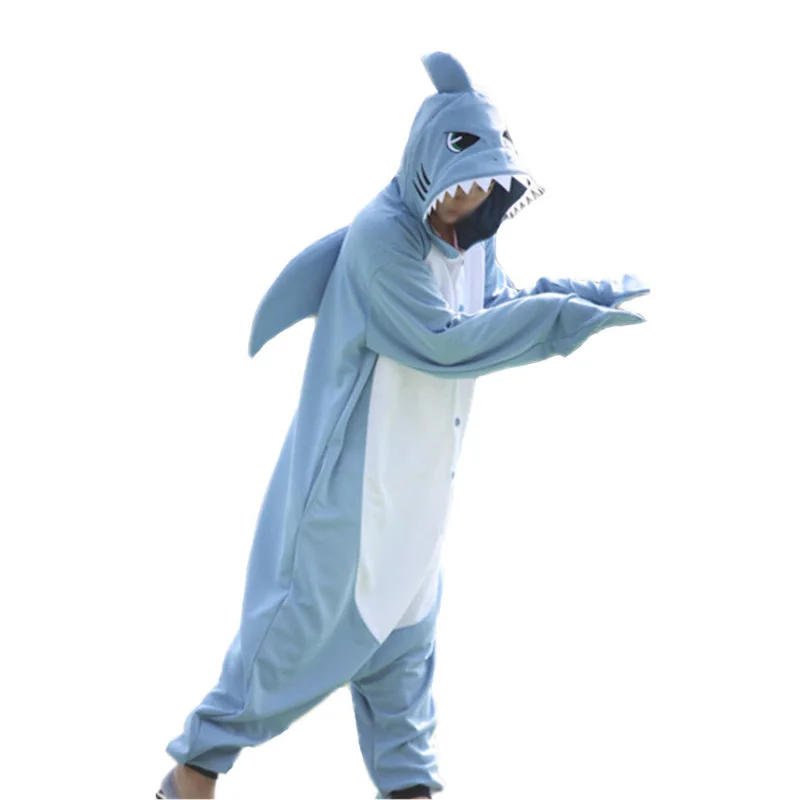 Winter Adults Animal Gray Blue Shark Funny Onesie Pajamas For Women Men Costume Cosplay Unisex Halloween Pajamas Party