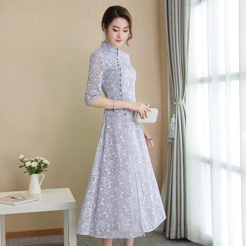 Cheongsam-vestido de encaje con manga de cinco puntos, traje largo de ambiente elegante, primavera y verano, novedad de 2023