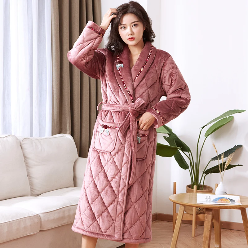 Thick quilted flannel robe long-sleeve women big yards M-3XL coral fleece bathrobes female sleepwear winter pijamas para mujer