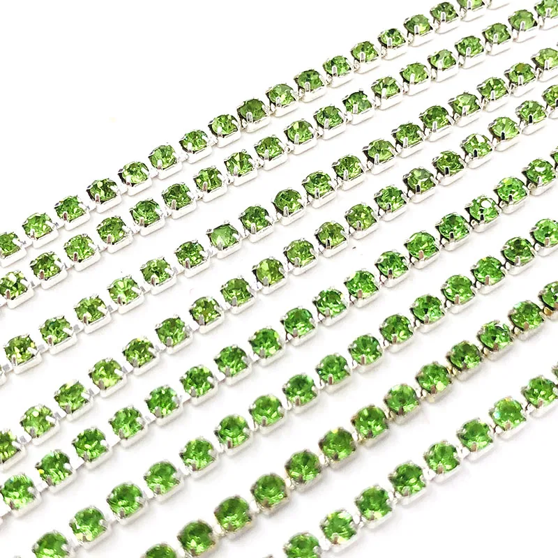 Free shipping 5 yards Super bright encryption Light green 2mm-4mm silver base rhinestones cup chain,diy clothing accessories