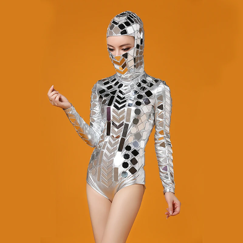 

Women New Silver Head Piece Mirrors Bodysuit Costume Dance Wear Outfit Party Women Singer Dancer DJ Performance Sexy Leotard