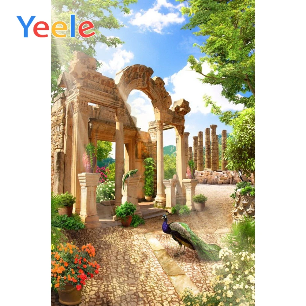 Yeele 해안 도시 돌 집 꽃 나무 사진 배경, 여름 정원 사진 배경, 사진 스튜디오에 맞춤