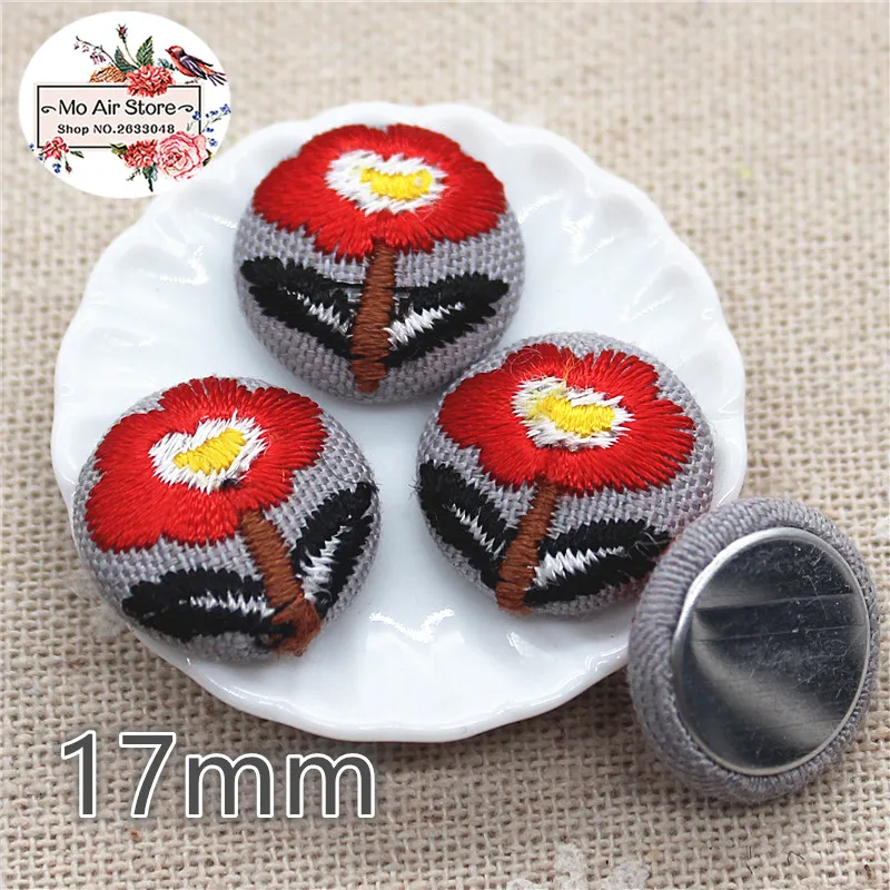 10pcs embroidery camellia flower Flatback Fabric Covered round Buttons Home Garden Crafts Cabochon Scrapbooking DIY craft 17mm