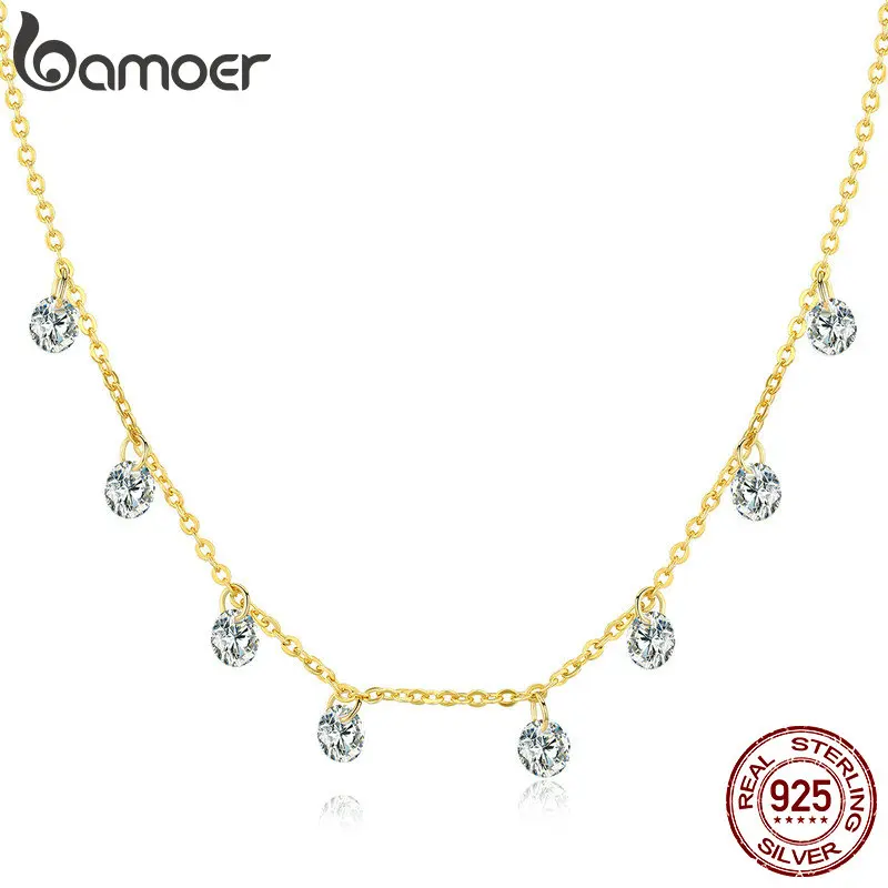 Bamoer 925 Sterling Silver 14K Gold Plated Dainty Chain Choker 5A Cubic Zirconia Pendant Necklace Women Girl Jewelry Gift 16.53”