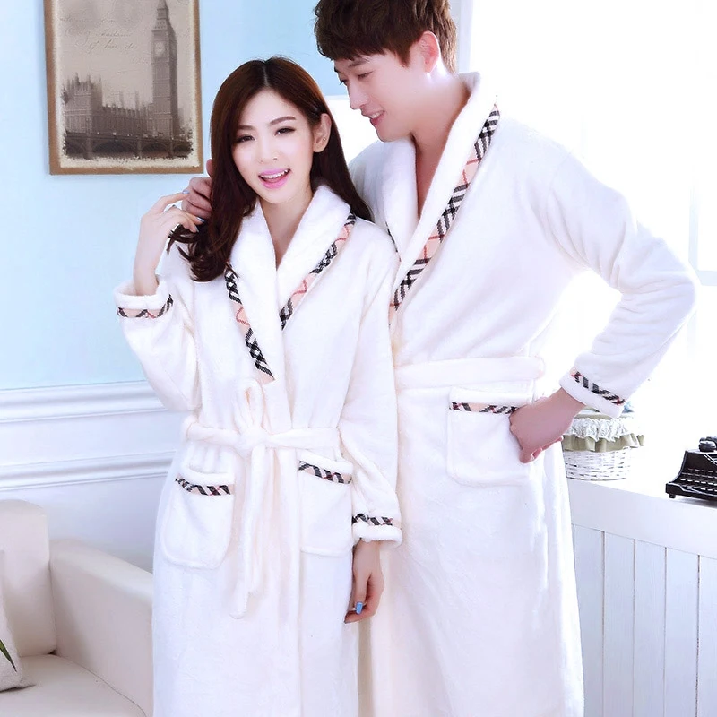 Couples Coral Fleece Robe Girls Warm Flannel Pajamas Women Thickened Long Sleeve Bathrobe Men Coral Fleece Homewear D-2086