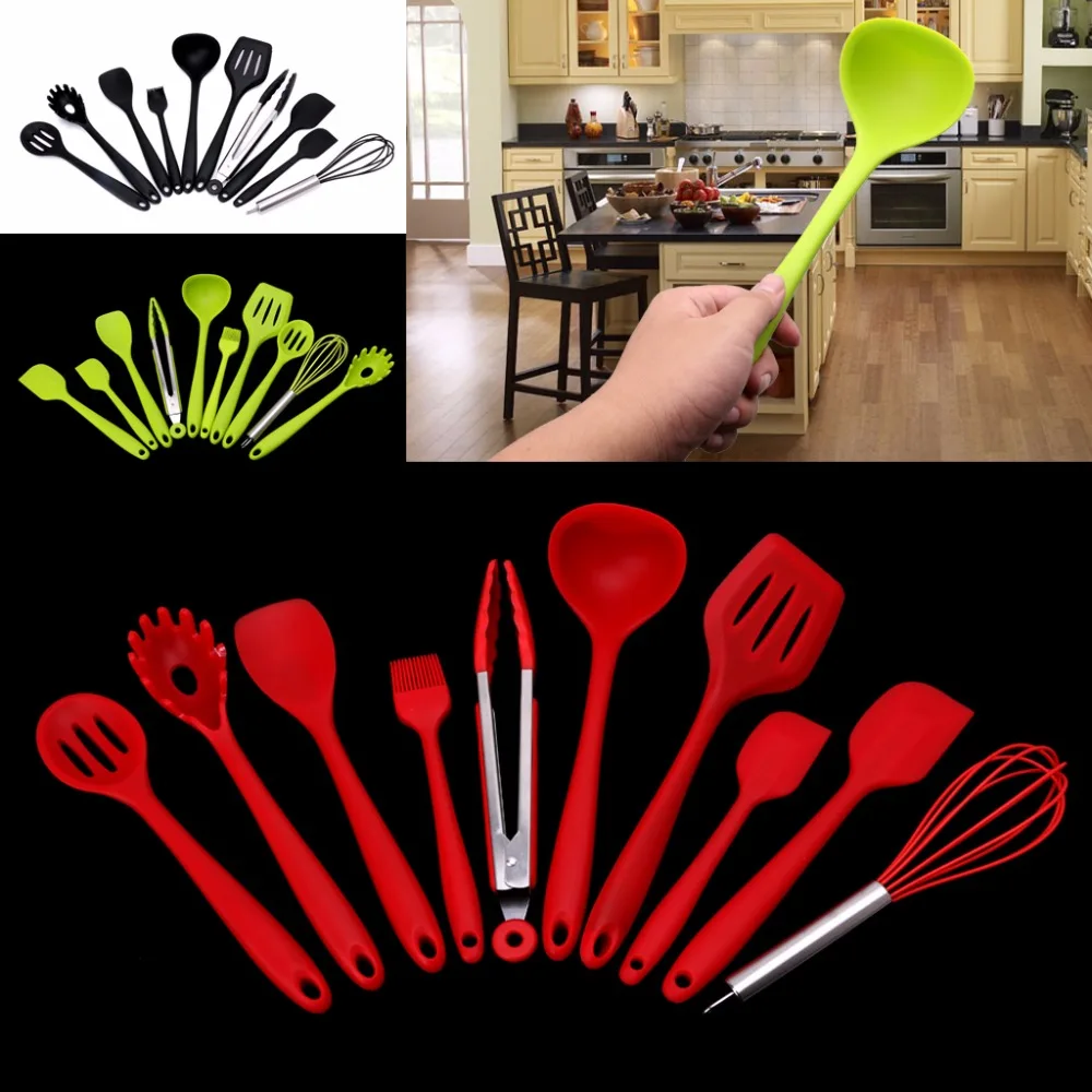 10Pcs/Set Green Heat Resitant Non-stick Silicone Kitchen Utensils Set Cooking Bake Tool Spatula, Spoon, Brush, Wisk, Tong