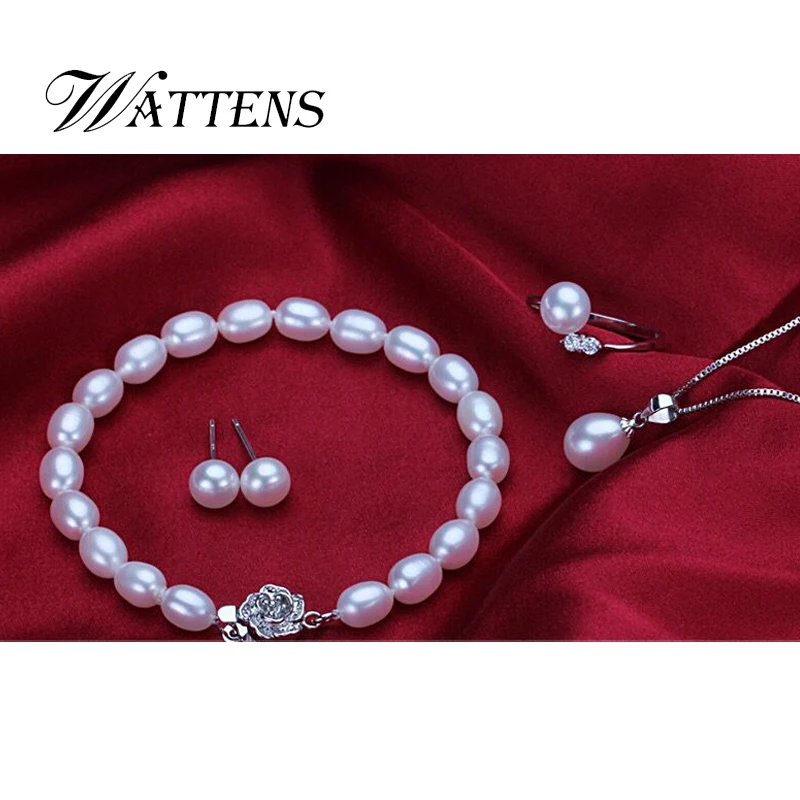 WATTENS Natural Pearl Bracelet necklaces pendant Earrings Ring Jewelry Sets for Women 925 sterling silver Earrings Ring pendant