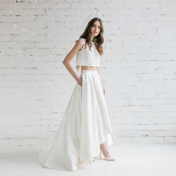 Elegant White High Low Bridal Skirts with Pockets High Waist Floor Length Pleated Maxi Long Skirt for Wedding Party Custom Made