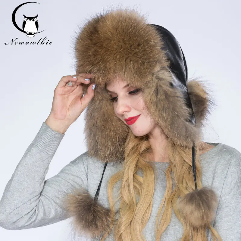 NEWOWLBIE  Real Raccoon fur Hats For Women Keep Warm Hat Leather  facing Fashion Design Protect  Ears Young Lady Winter Hat