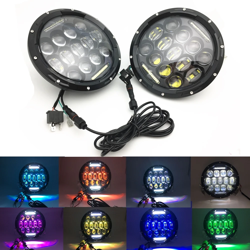 5D 75W 7 inch Led Headlight RGB 12V Car Headlight For Niva Lada 4x4 Jeep Wrangler JK Suzuki Samurai 2pcs