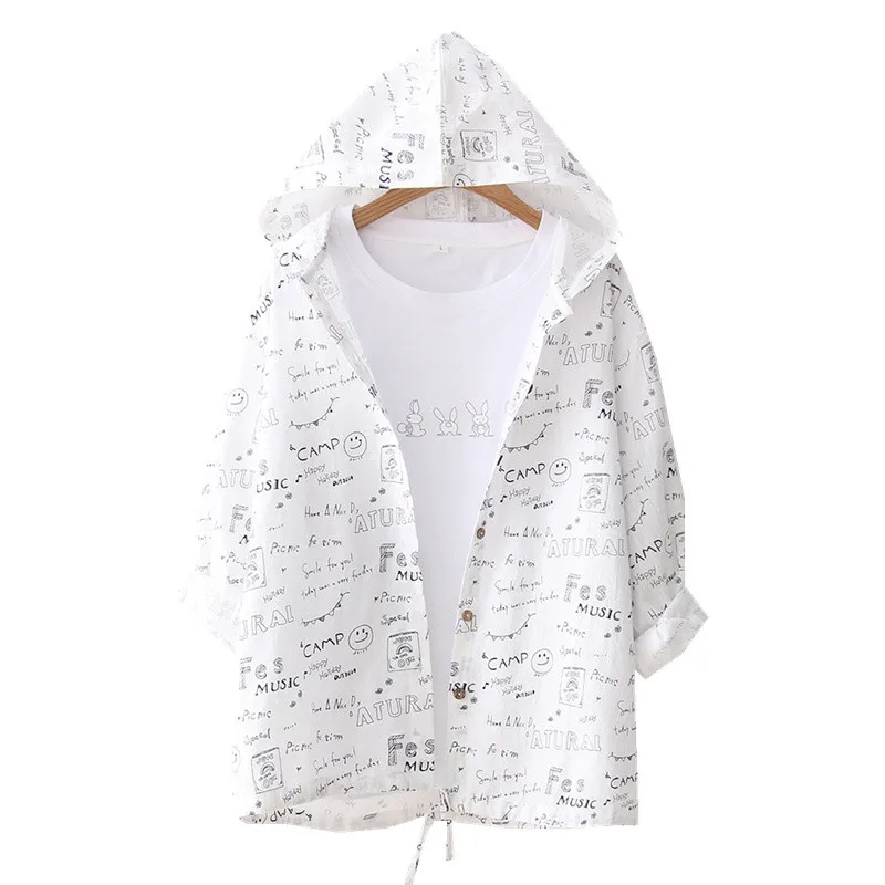 

Women's Thin Coat 2023 Spring Autumn Short Jacket Letter Cartoon Hooded Long-Sleeved Jacket Women Summer Sun Protection Clothing