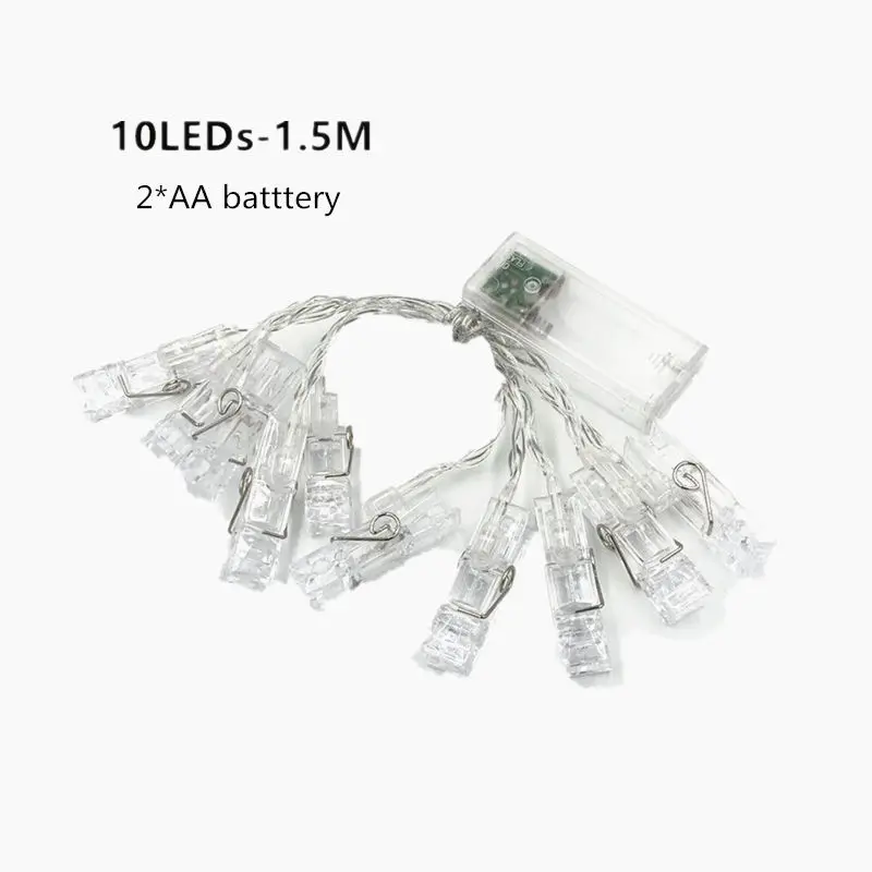 1.5M 10Leds ผู้ถือคลิป LED String ไฟสําหรับคริสต์มาสปีใหม่งานแต่งงานตกแต่ง WARM White Fairy แบตเตอรี่